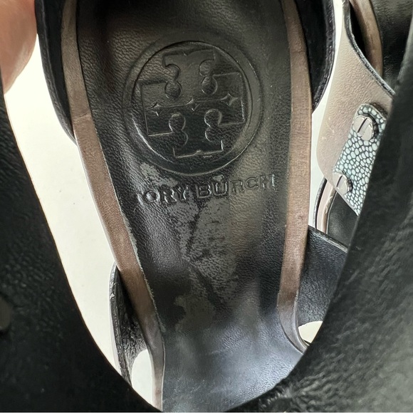 TORY BURCH Teagan Stingray Brown Blue Leather Caged T Strap Sandals Heels Sz 8 - Picture 13 of 15